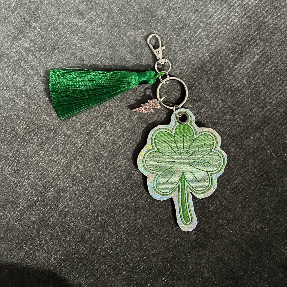 7 leaf clover Embroidered Keychain w Silk tassel and glitter lightning bolt